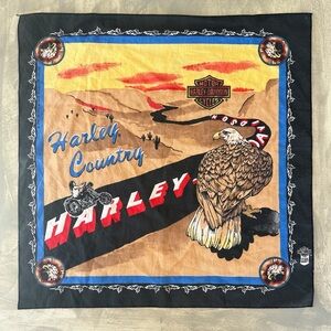 90’s Harley-Davidson Bandana with Eagle and Motorcycle in Black, Red, and Tan